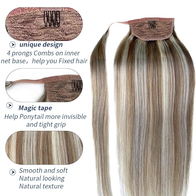 Ponytail Extension Human Hair Blonde Highlights Ponytail Pony Hair Pieces Clip in Wrap Around Pony Remy Hair Extensions for Women 20 Inch 80G #8P60