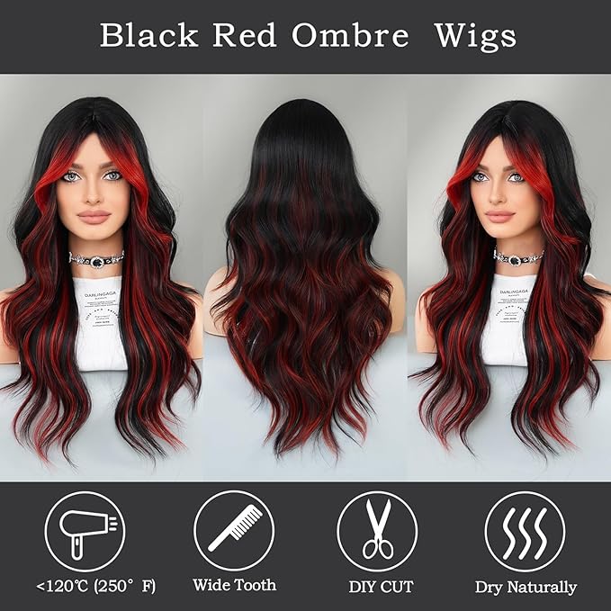 Black Red Highlight Long Wavy Wig with Curtain Bang 26 Inch Red Black Ombre Synthetic Heat Resistant with Dark Root Wig for Women Daily Party used.