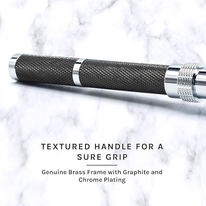 Parker, 96R Graphite Gray Long Handle Butterfly Open Double Edge Safety Razor for Men, 5 Parker Premium Platinum Double Edge Razor Blades Included