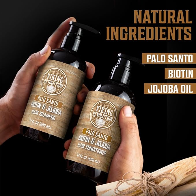 Viking Revolution Palo Santo Mens Shampoo and Conditioner Set with Biotin and Jojoba Oil - Natural Hair Shampoo and Hair Conditioner for Men with Vitamin B5 - Shampoo and Conditioner Set Men (17Oz)
