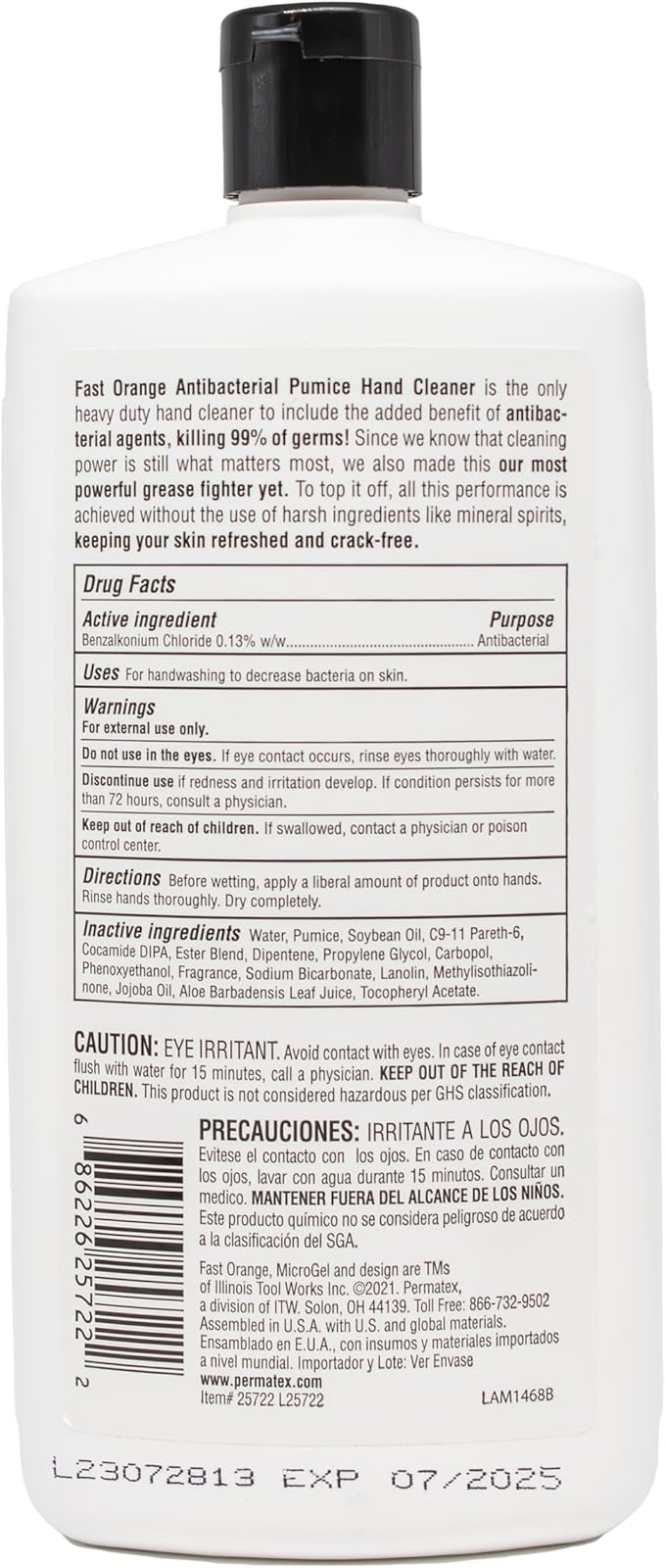 Fast Orange Permatex 25722 Antibacterial Pumice Hand Cleaner Fortified with Aloe, Kills 99% Germs on Hands, Waterless Cleaner for Oil Grease Mechanics, 15 Fl. Oz
