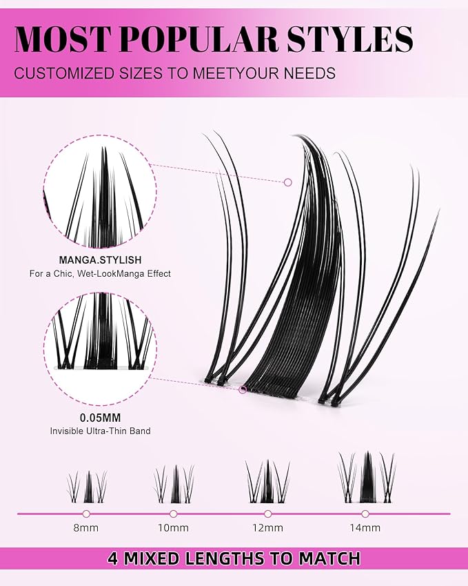 Fairy Lash Clusters Kit 8-14mm Manga Individual Lashes C Curl Wispy Eyelash Clusters WideSpan Eyelash Extension Kit with Lash Bond and Seal Wet-Look Spiky Cluster Lashes with Lash Bond and Seal