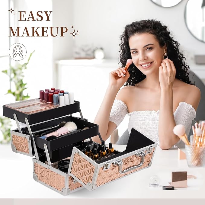 Leeora&Leekoo Makeup Train Case Cosmetic Box Portable Makeup Case Organizer 2 Trays Makeup Storage with Mirror for Cosmetologist Aesthetic Supplies Nail Tech Traveling Makeup Box (Rose Gold)