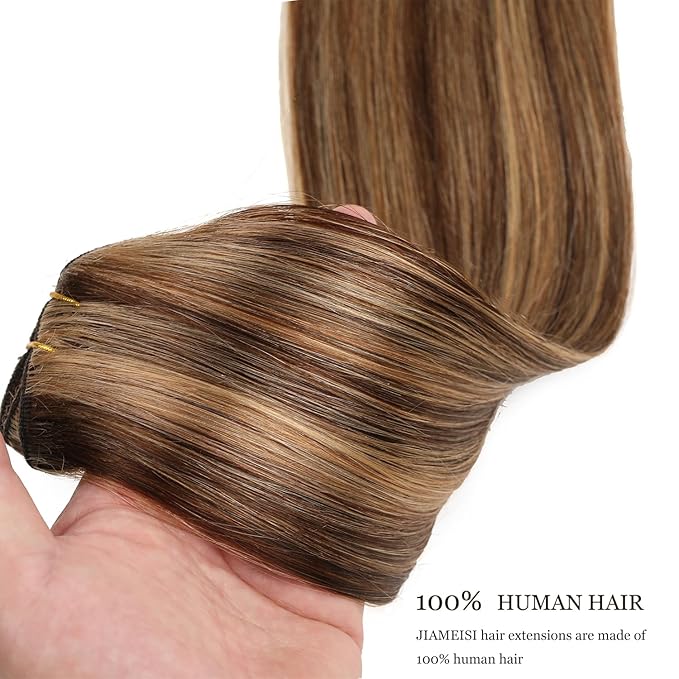 Clip In Human Hair Extensions,Double Weft Real Hair Extensions 70g 7pcs Straight Human Hair Clip In Extensions 18Inch Chocolate Brown to Caramel Blonde #4/27 Human Hair Clip In Hair Extensions