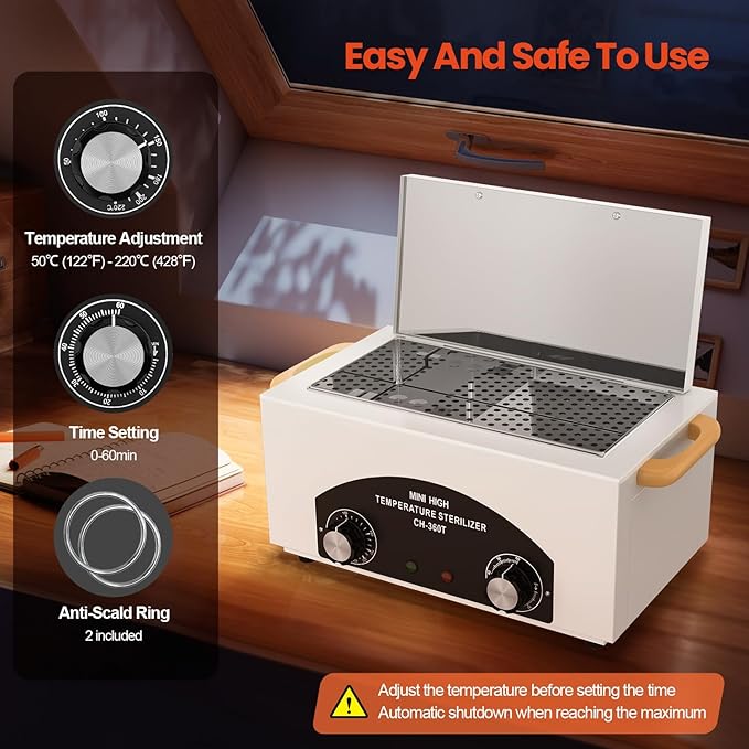 High Temperature Metal Tool Cleaner Machine, 2L Dry Heat Cleaning Box with Temperature & Time Setting, Cleaning Cabinet with Handle, for Beauty Salon, Barber Shop, Lab, Dental, Home, Restaurant, White