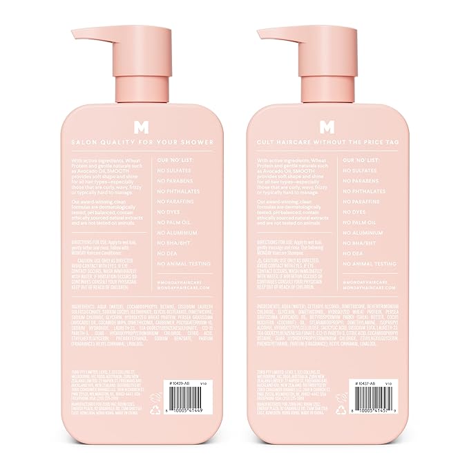 MONDAY HAIRCARE Smooth Shampoo + Conditioner Bathroom Set (2 Pack) 27oz Each for Frizzy, Coarse, and Curly Hair, Made from Coconut Oil, Shea Butter, & Vitamin E, 100% Recyclable Bottles