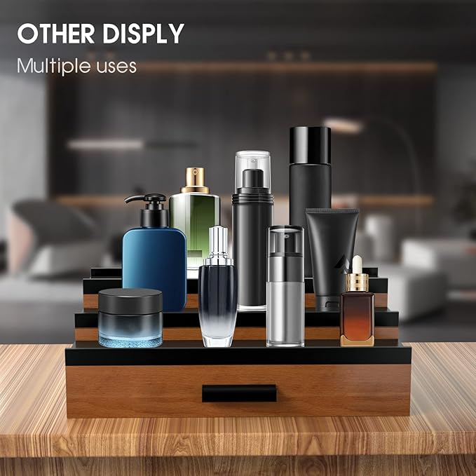 Sephyroth Cologne Organizer for Men 3 Tier of Elevated Cologne Display Shelf with Drawer Storage Perfume Organization and Storage Display Risers,Great Gift for Man(Walnut Black)