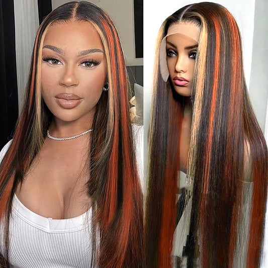 1B/Ginger and Blonde Skunk Stripe Straight Wigs Human Hair 13x4 Ginger Orange Blonde Highlight Lace Front Human Hair Colored Wig Glueless Pre Plucked With Baby Hair 180 Density 26 Inch for Women