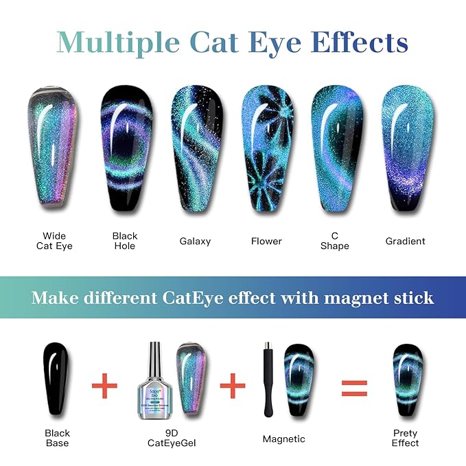 9D Cat Eye Gel Nail Polish Set, 15ml Black Gel + 15ml Sapphire Shimmer Cat Eye Gel, Includes Silicone Handle Cylinder Magnetic Stick for Mesmerizing 9D Effects