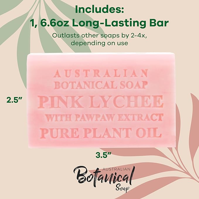 Australian Botanical Soap Pink Lychee with Pawpaw Extract 6.6 oz Triple Milled Luxury Soap Bar Enriched with Shea Butter, Sutiable for Men, Women and All Skin Types, Pack of 1