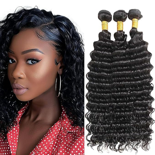 Color 1B Human Hair Loose Deep Wave Bundles Natural Color Bundles Deep Wave Brazilian Human Hair Weave Extensions Wet and Wavy Soft Silky for Women 8 10 12 Inch