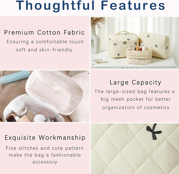 3pcs Large Cotton Quilted Makeup Bag Set,Coquette Aesthetic Cute Travel Toiletry Bag,Drawstring Gift Bag for Women and Girls(3Pcs Beige Bow)