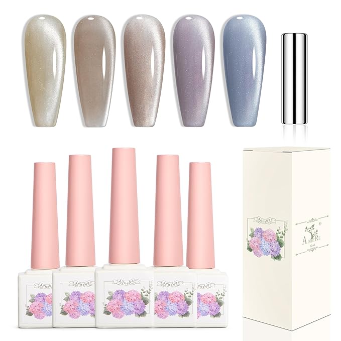 Adhere 5pcs 12ML Cat Eye Gel Nail Polish with Magnet, Smooth Wide Cat Eyes Delicate Moonlight White Ceramic Crystal Transparent Color Pink Brown Gel Polish