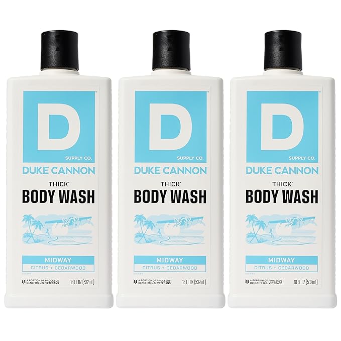 Duke Cannon Supply Co. Thick High Viscosity Body Wash - 3X Thicker, Plant-Based, Mineral-Enriched - Shower Gel for Men, Body Scrub - Midway, 3 Pack (18 oz)