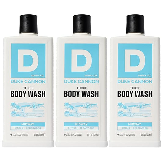 Duke Cannon Supply Co. Thick High Viscosity Body Wash - 3X Thicker, Plant-Based, Mineral-Enriched - Shower Gel for Men, Body Scrub - Midway, 3 Pack (18 oz)