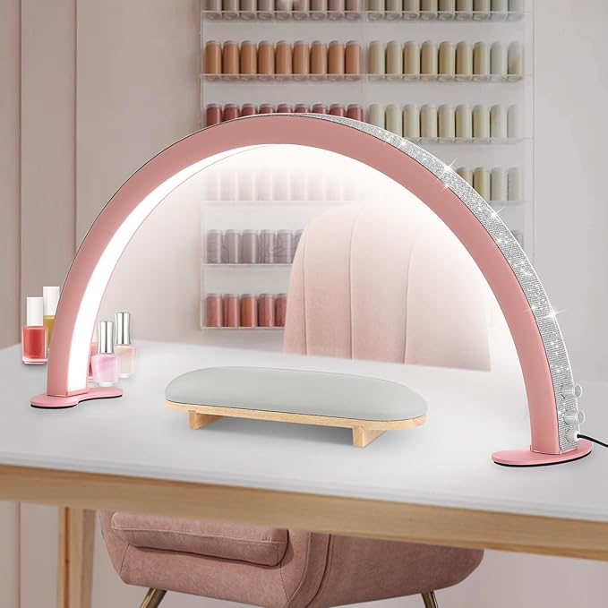 Lash Light, Half Moon Light for Lash Extensions, Beauty, Skincare, Eyebrows, Tattoo, Nail Tech Lamp with Stepless Dimming and Color Temperature (with Rhinestones, Pink)