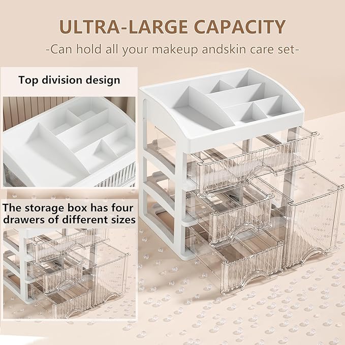 Large Makeup Organizer for Counter With 4 Drawers Cosmetic Organizer Countertop Make up Organizers for Vanity White Makeup Skincare organizers Storage Box