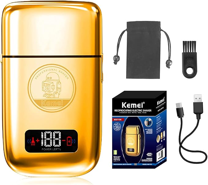 KEMEI Electric Razors for Men, Professional Cordless All Metal Electric Razor, Lithium Titanium Razors, USB Rechargeable Facial Beard Trimmer,Golden