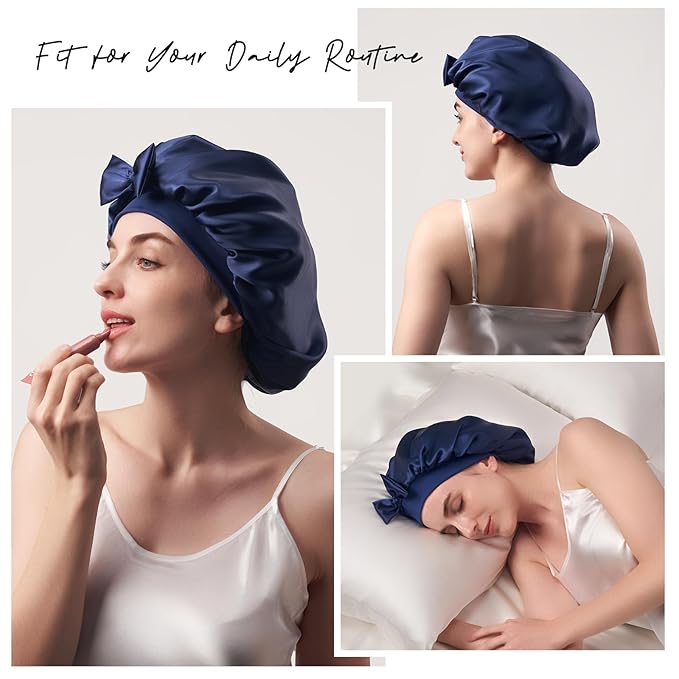 Umisleep Large Silk Bonnet for Sleeping Women, 100% Double Layer 22 Momme Mulberry Silk, Non Slip Hair Bonnet with Adjustable Band for Curly Long Hair, Navy Blue