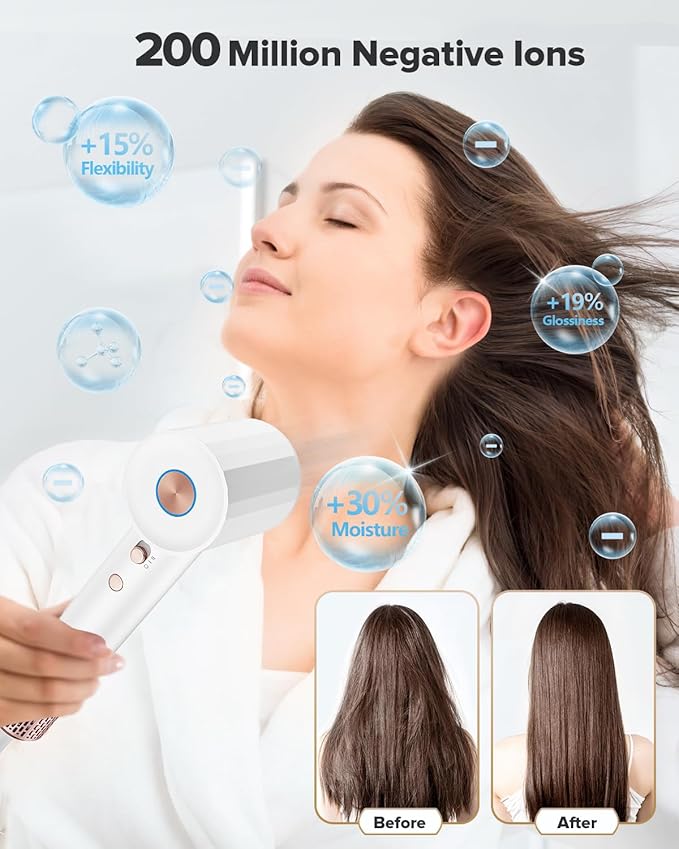 Ionic Hair Dryer, Fentgo Professional High Speed Blow Dryer with Brushless Motor for Fast Drying, Smooth Nozzle, Low Noise, Lightweight, Thermo-Control Bowdryer for Women Home (White)