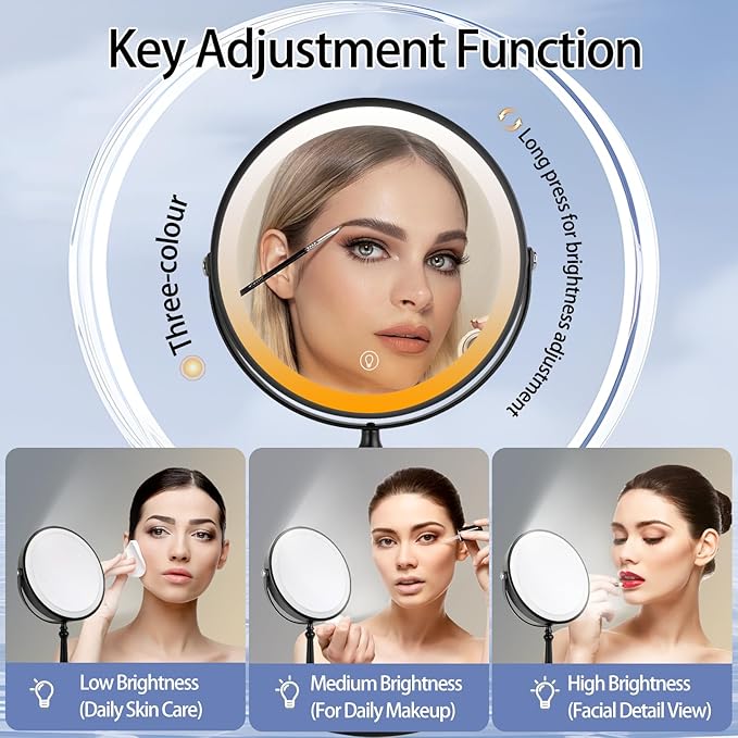 9" Lighted Makeup Mirror, 1X/10X Magnifying Mirror with Lights, Double Sided Vanity Mirror with Lights, 3 Color Dimmable Makeup Mirror with Light (Black)