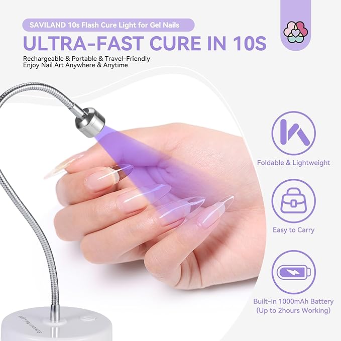 SAVILAND Gooseneck U V Lamp for Gel Nails:Touch Switch 12W U V Nail Lamp 5S Quick Drying LED Fast Curing Lamp Rechargeable Gel Lamp 3Timers Setting 360° Adjustable Home Salon Manicure Nail Dryer