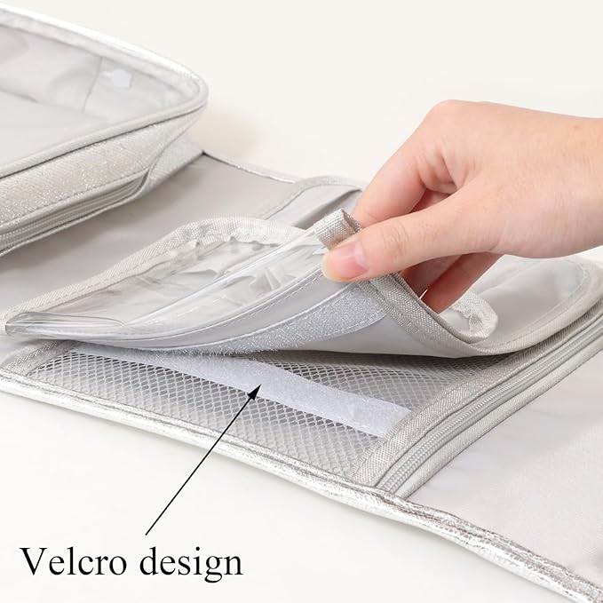 Travel Toiletry Bag for Women,Hanging Travel Toiletry Bag with Jewelry Organizer Compartment,Makeup Bag, Waterproof and Dirt Resistant, Travel Essentials,Bright Silver