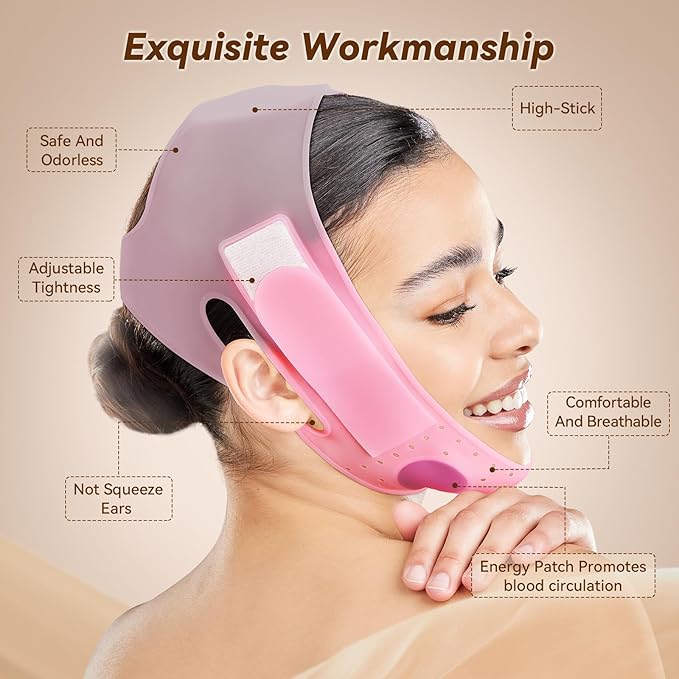 JUSRON V-Line Mask Chin Up Mask Face Strap, Soft Silicone Chin Strap V Shaped Face Mask, Jaw Exerciser 23-27 Inches (Candy Pink)