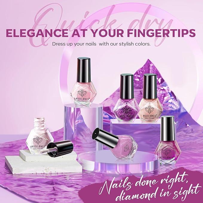 modelones Nail Polish Set 6 Colors, Purple Glitter Pink Shimmer Sparkle Mini Nail Lacquer Kit, Infinite Shine Quick Dry Long Lasting Nail Art DIY Home Salon Manicure Gift for Women Girls