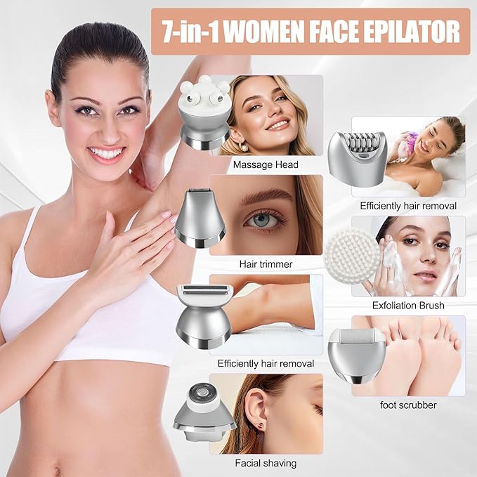 Pluxy Epil Pro 3.0 Women Face Epilator, Pluxy 7-in-1 Portable Design Facial Epilator, Facial Hair Removal for Women & Men, Waterproof Facial Shaver for Ears, Nose, Eyebrow, Body