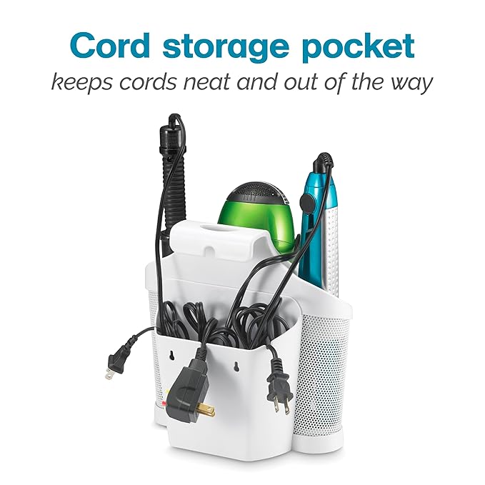 Polder Style Station, Tool Organizer for Hair Dryer, Curling Iron, and Straightener, Easy-to-Store Hair Styling Station, White and Silver