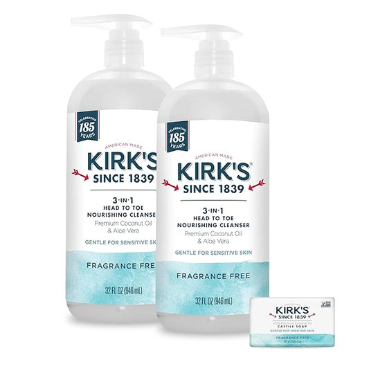 Kirk's 3-in-1 Head to Toe Nourishing Liquid Cleanser & Travel Size Bar Soap - for Men, Women & Children - Premium Coconut Oil and Aloe Vera- Non GMO & Vegan -Fragrance Free - 32 Fl Oz. 2 pack