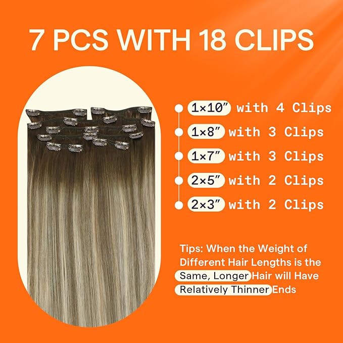 Full Shine Brown Clip in Hair Extensions Real Human Hair Short Hair Ombre Clip in Extensions Brown Balayage Blonde Hair Extensions 7 Pcs Double Weft 12 Inch 95 G