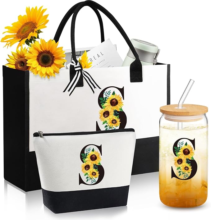 Personalized Sunflower Birthday Gifts for Women - Monogrammed Canvas Tote Bag, Makeup Bag & Glass Cup Set