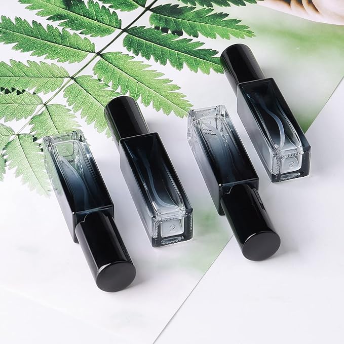 45pcs 10ml Mini Square Spray Bottle Glass Empty Spray Refillable Perfume Bottle Fine Mist Liquid Dispenser for Makeup Skin Care (Black Cap)