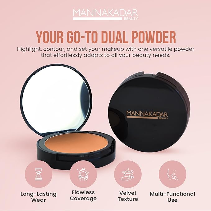 Manna Kadar Beauty Compact Dual Pressed Powder, C6 Tan Shade for Warm Medium Skin Tone, Medium to Full Coverage Oil Absorbing Foundation and Setting Face Powder, Long-Lasting Flawless Matte Finish