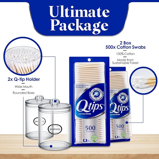 2-Pack 625 Count Q-tip Cotton Swabs - Multipurpose, Soft and Firm Cotton Buds for Body Hygiene, Beauty Care, and Tool Cleaning - Bundled with 2 Peaknip Q-tip Holder & Dispenser