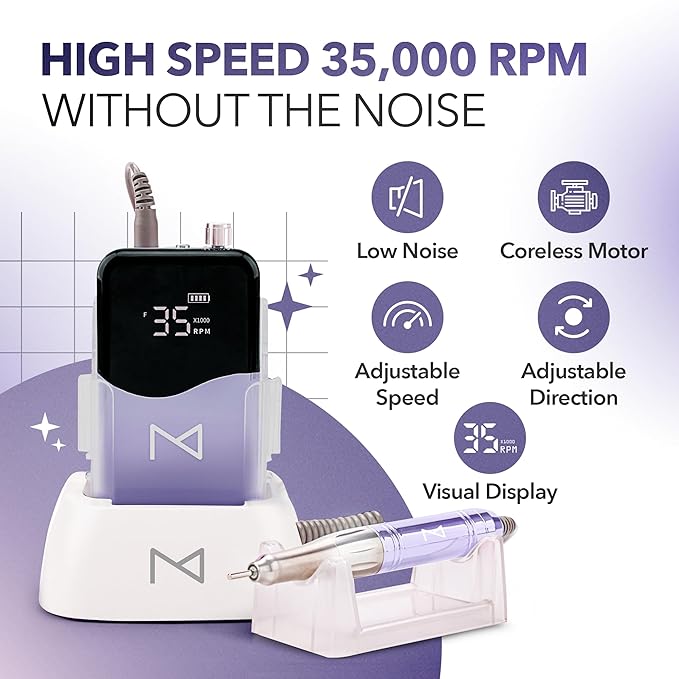 M Mase- Professional Nail Drill Machine - 2-in-1 Nail File - Cordless, 35000 RPM, HD Display - Gift for Her - Electric Nail Drill for Professional & Home Use (Violet)