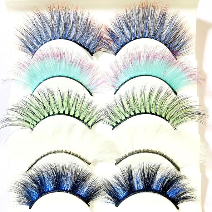 Sunniess Ombre Colored Lashes Silk Protein Fluffy Wispy Volume Fake Lashes for Halloweens Cosplay Party Stage Russian D Curl Lashes with Color Make up Faux Mink False Eyelashes