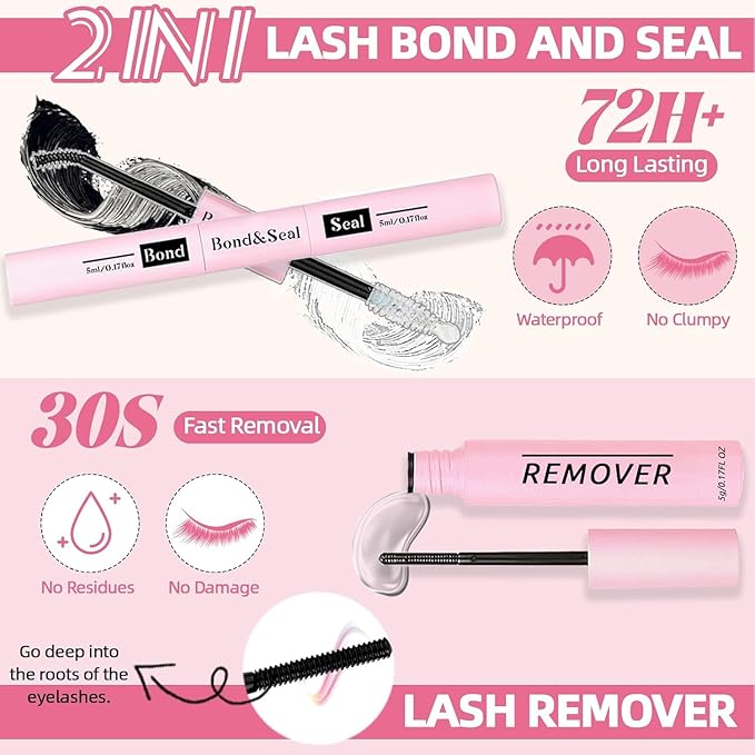 DIY Fluffy Lash Extension Kit 900Pcs D Curl 9-18mm Lash with Lash Bond and Seal,Quick Glue Remover Lash Shampoo Cleansing Brush Wristband Tweezers Eyelash Brush Mini Applicator (LASH005)