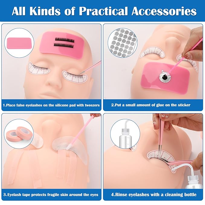 Eyelash Extension Kit for Beginners, Lash Extension Kit with Mannequin Head, Lash Starter Kit with Lash Fan, Extension Glue and Eyelash Remover for Lash Training