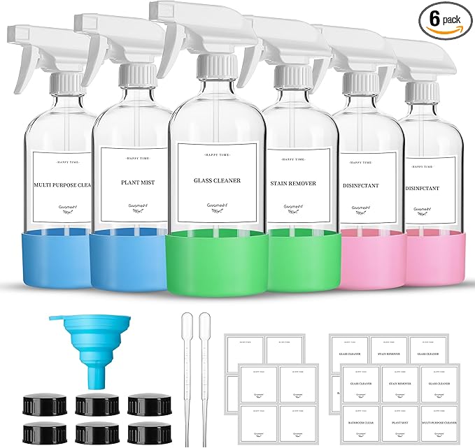 16oz Clear Glass Spray Bottles,6 Pack Glass Spray Bottles Refillable Empty Bottle with Adjustable Nozzle,Spray Bottle for Essential Oils,Cleaning,Pets,Hair Mister