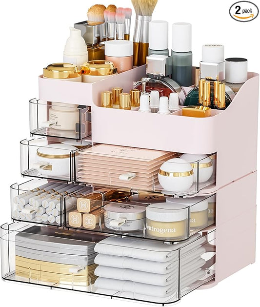 SuoXing Makeup Organizer for Vanity,Large 6 Drawers Make up Organizers for Counter,Plastic Cosmetic Storage Organizer for Dresser Countertop or Bathroom,Beauty Holder for Lipstick,Brush,Skincare,Pink