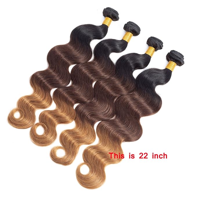 Ombre Body Wave Bundles Brazilian Virgin Human Hair Bundles Ombre Human Hair Extensions 3 Tone Mixed 1B/4/30 Color (14 16 18) Ombre Bundles Body Wave 3 Bundles