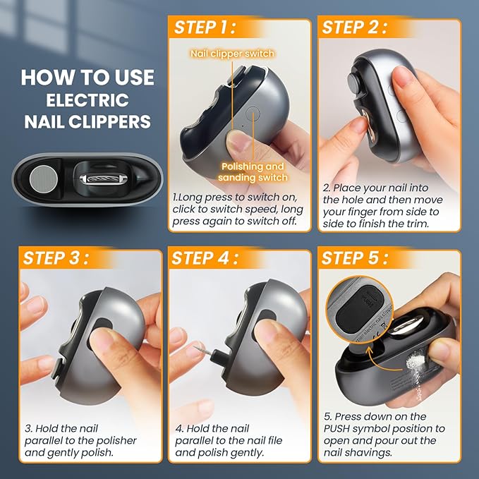 Electric Nail Clipper: 3-in-1 Automatic Fingernail Trimmer, Polisher & Clip Storage with LED Light, USB Rechargeable & 2 Speed Gears Automatic Safety Nails Cutter for Baby Kids Adult Seniors (Grey)