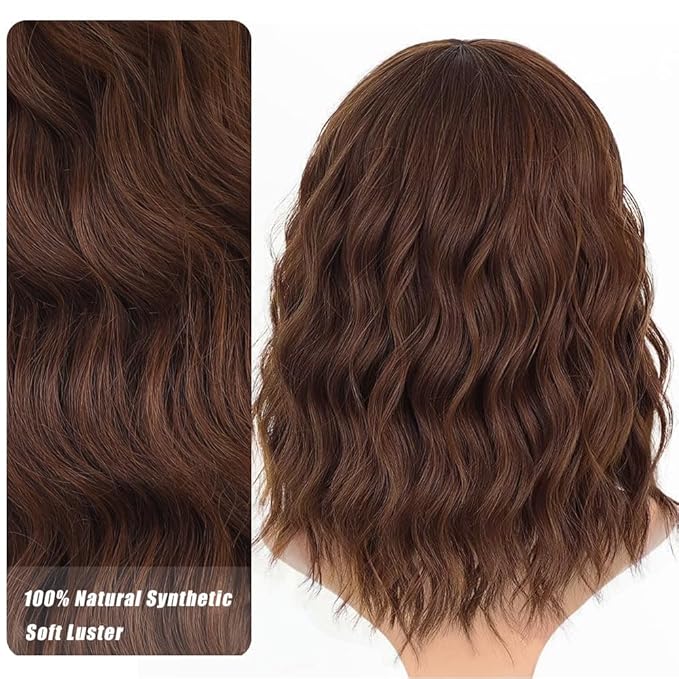 AISI HAIR Synthetic Wavy Curly Bob Wig with Bangs Ash Auburn Short Wavy Hair for Women Synthetic Heat Resistant Bob Wigs