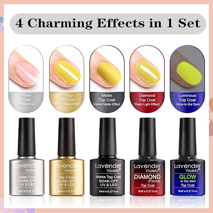 Lavender Violets 42 Pcs Gel Nail Polish Set, 36 Colors with 6 Bottles of Base Top Coat, Glossy Matte Diamond Shine Glow in the Dark Top Coat All Season for Nail Art Designs C952