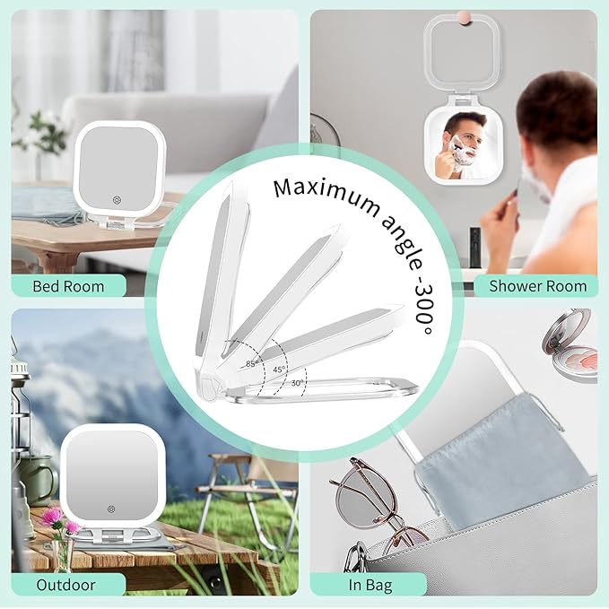 FASCINATE 10X Magnification Rechargeable Travel Makeup Mirror, Lighted Portable Vanity Mirror with 3 Colors Lighting & Stepless Dimming, Double Sided LED Mirror, Gift for Women (White+Bag)