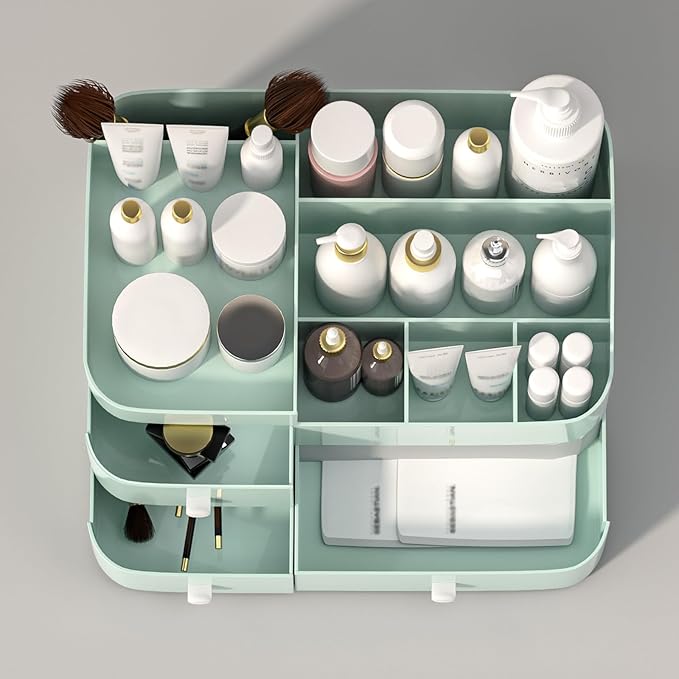 MIUOPUR Makeup Organizer for Vanity, Large Capacity Desk Organizer with Drawers for Cosmetics, Lipsticks, Jewelry, Nail Care, Skincare, Ideal for Bedroom and Bathroom Countertops - Large Green
