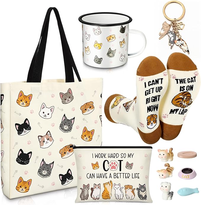 Animal Lover Gifts for Women Mother's Day Animal Themed Gifts for Mom Include Canvas Tote Bag, Makeup Bag, Socks, Keychain, Enamel Mug, Small Figurines(Cute Cat)